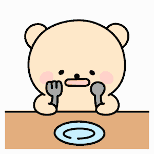 a cartoon bear is sitting at a table with a fork and knife in its mouth
