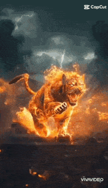 a tiger is running through a fire filled field .