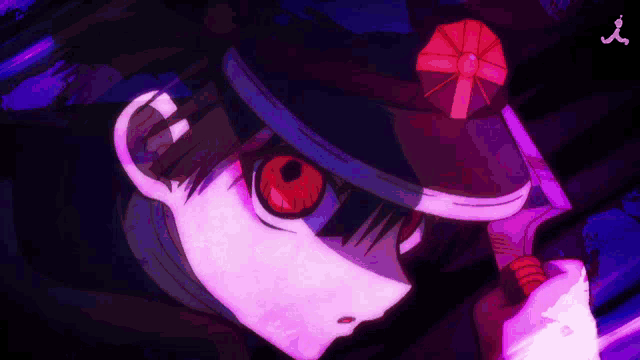 a close up of a person 's face with red eyes holding a knife