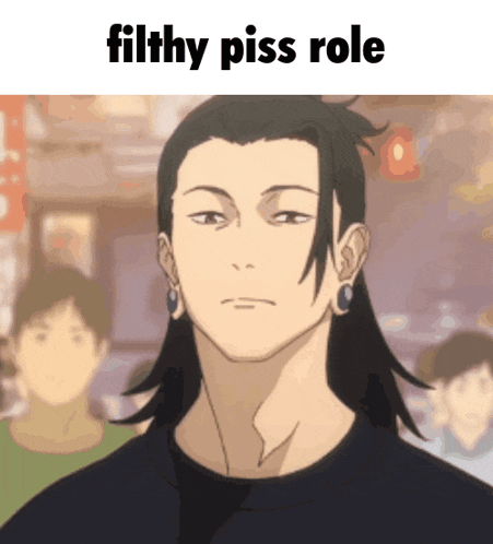 a cartoon of a man with long hair and the words filthy piss role