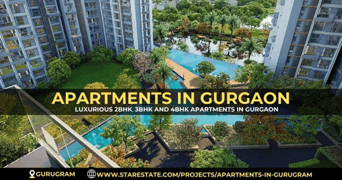 an advertisement for apartments in gurgaon with an aerial view of the building