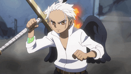 a cartoon character with white hair and black wings is holding a stick
