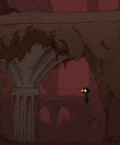 a cartoon drawing of a person with yellow eyes standing next to a column