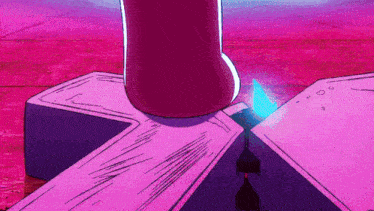 a cartoon character is standing on a wooden block with a blue light shining on it .