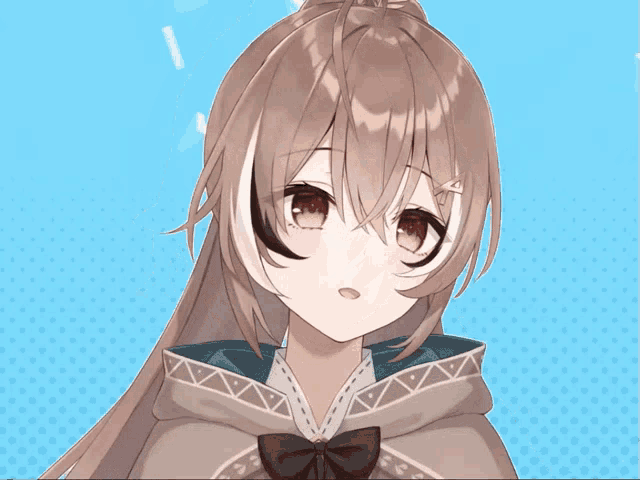 a close up of a brown haired anime girl with a bow