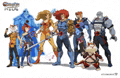 a group of cartoon characters standing next to each other holding swords .