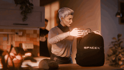 a woman is holding a bottle next to a backpack that says spacex