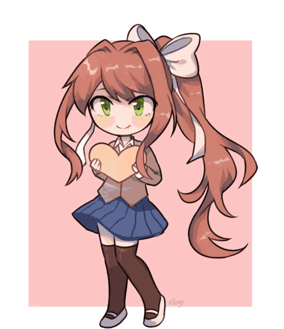 a girl with long hair and green eyes is holding a heart in her hands