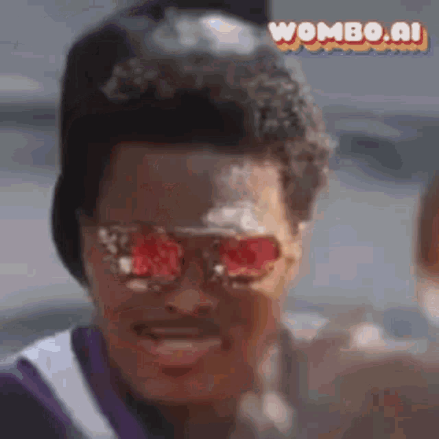 a man wearing red sunglasses and a purple shirt is smiling .