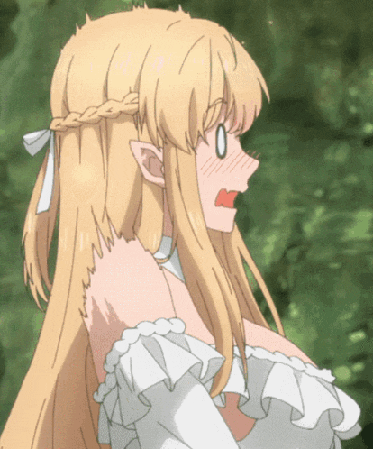 a blonde anime girl with braided hair is wearing a white dress with ruffles