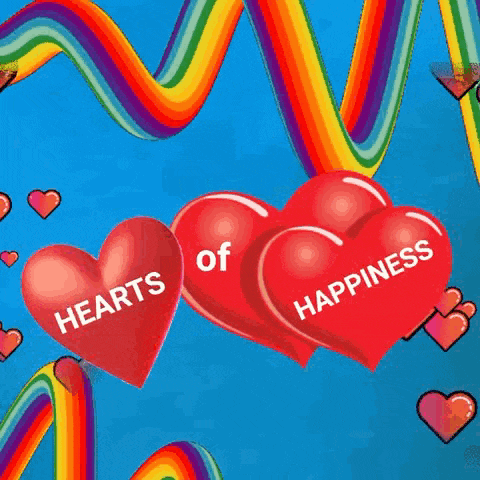 three red hearts with the words `` hearts of happiness '' written on them