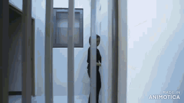 a person standing in a hallway with the words made in animotica on the bottom