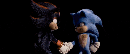 two cartoon characters , shadow and sonic , are shaking hands in front of a fireball .