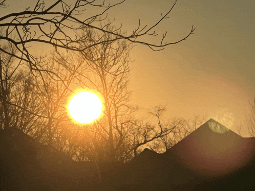 the sun is setting behind a few trees and buildings
