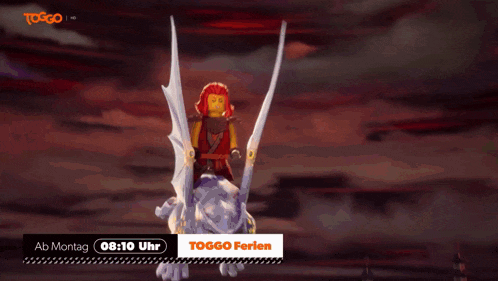 a lego figure is flying over a dragon with the time 8:10