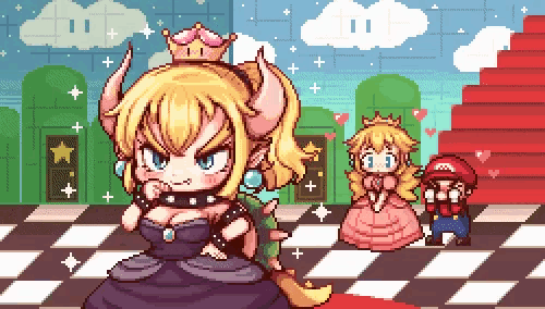 a pixel art of princess bowser and mario and princess peach