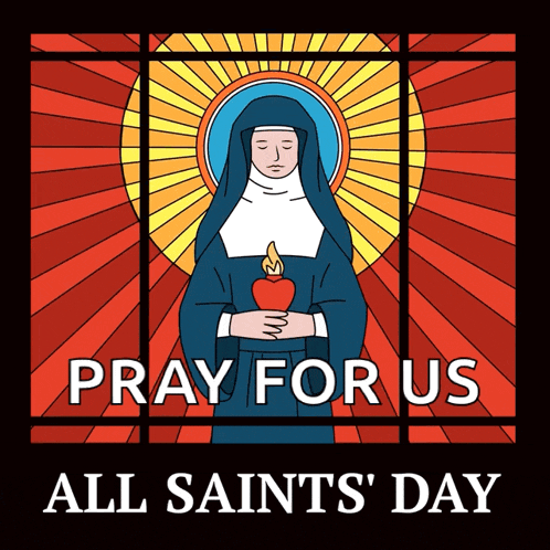 a poster for all saints day shows a nun holding a heart and a candle