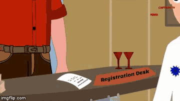 a cartoon shows a man standing in front of a registration desk
