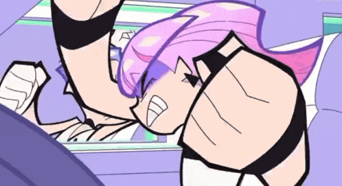 a cartoon drawing of a girl with pink hair and black pants