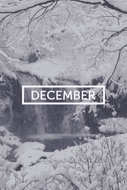 a picture of a waterfall covered in snow with the words december on it
