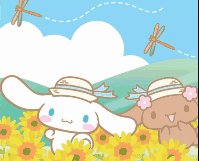 two cartoon characters wearing hats are in a field of flowers