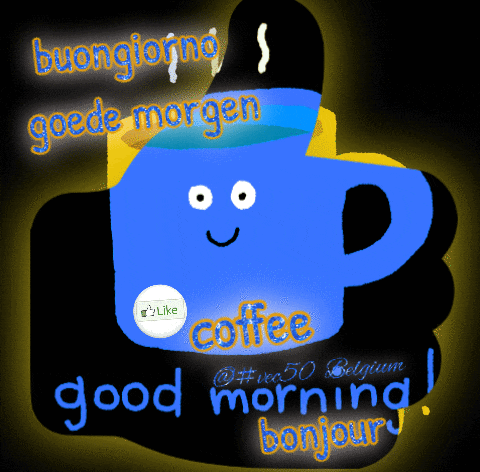 a blue cup of coffee with a face on it and the words buongiorno good morgen good morning bonjour