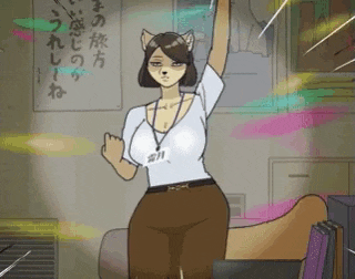 a cartoon of a woman with a cat 's ears standing in front of a sign in a room .