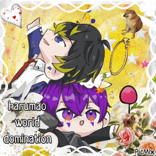 harumao world domination is written on the bottom of a picture of two anime characters