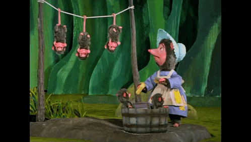 a cartoon of a woman washing clothes with monkeys hanging from a clothes line