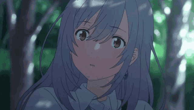 a girl with blue hair and brown eyes is looking down