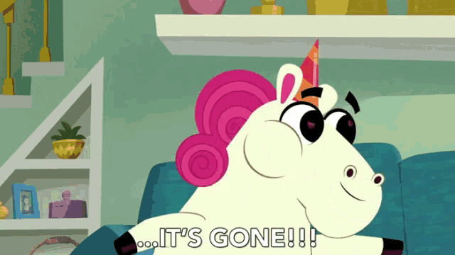 a cartoon unicorn is sitting on a couch and says it 's gone !!