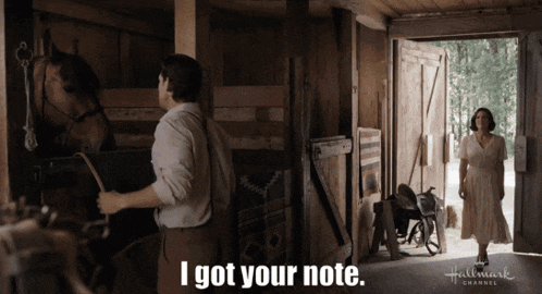 a man standing next to a horse with the words i got your note on the bottom