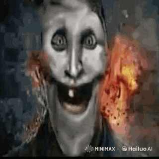 a drawing of a scary face with a fire behind it .
