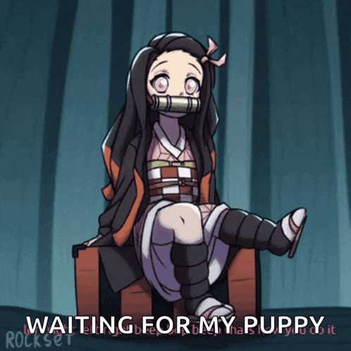a girl is sitting on a chair with the words waiting for my puppy