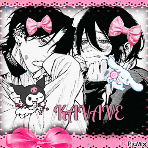 a black and white drawing of a girl with a pink bow and the name kavave