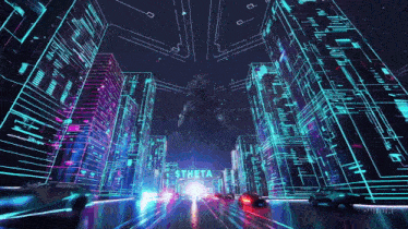 a futuristic city with a sign that says ' stheta ' on it