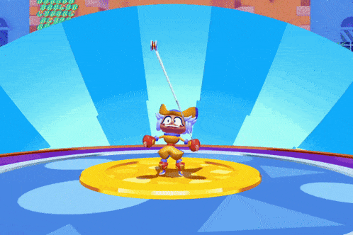 a cartoon character is standing on a yellow circle holding a stick