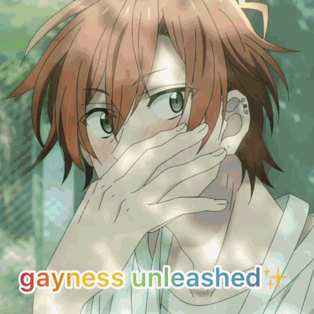 a boy covering his face with his hand and the words gayness unleashed behind him