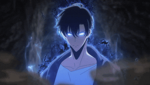 a man with glowing blue eyes stands in a dark room