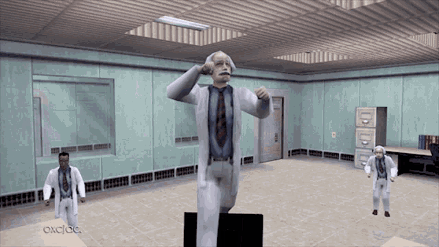 a man in a lab coat and tie stands on a podium in a room with the words oxcloc on the bottom right
