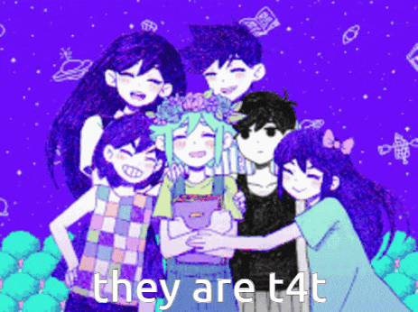 a group of anime characters standing next to each other with the words they are t4t below them