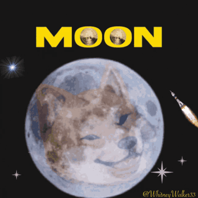 a picture of a dog in front of a full moon with the word moon on it