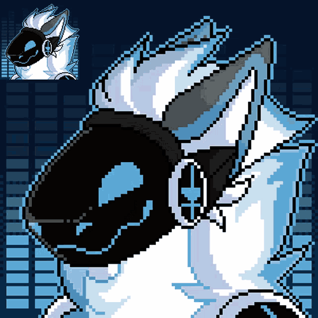 a pixel art drawing of a white and black animal with headphones on