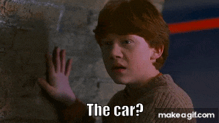 harry potter is talking to a woman and the words the car are above him