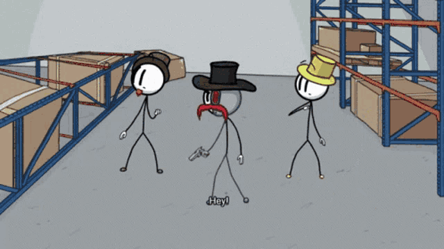 three stick figures are standing in a warehouse and one of them is wearing a top hat