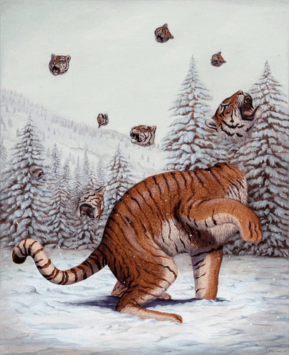 a painting of a tiger standing in the snow with trees in the background