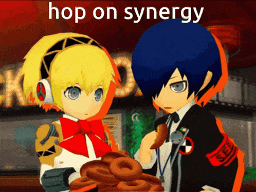 a boy and a girl are standing next to each other with the words hop on synergy above them