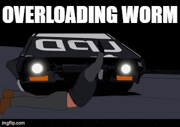 a cartoon of a man crawling under a car with the words overloading worm on the bottom