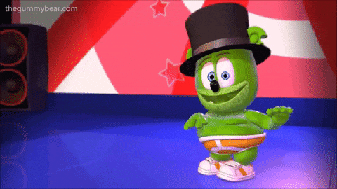 a gummy bear wearing a top hat and underwear dancing