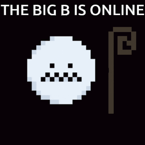 a pixel art of a white circle with a smiley face and the words the big b is online below it .